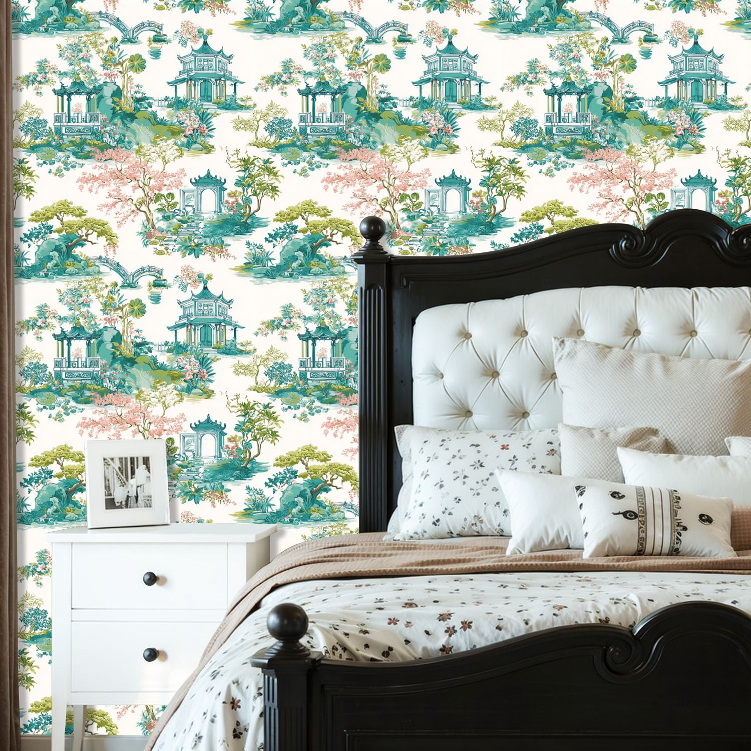 Peel and Stick Wallpaper 23.6in x 9.8ft Chinese Garden Landscape Pagodas Bridges Floral Motifs Contact Paper Vinyl Self-Adhesive Removable Wall Paper for Bedroom Kitchen Cabinet Renter Friendly