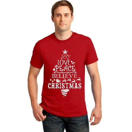 P&B Joy Love Peace Believe Christmas Tree Men's T-shirt, L, Red