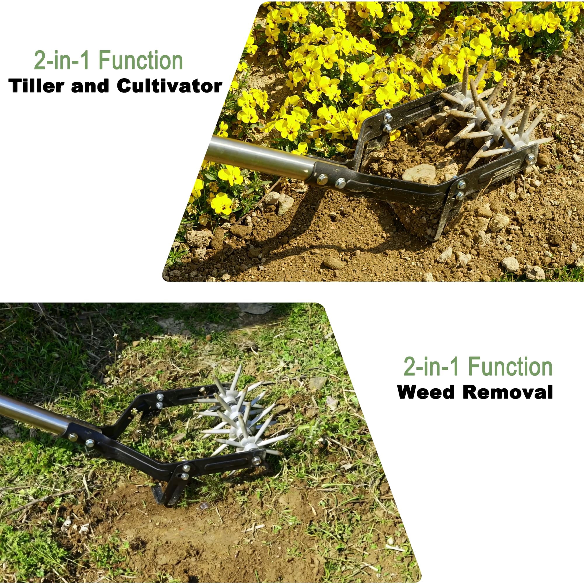 Garden Rotary Cultivator  67-inch Adjustable Handle Sturdy Star Tines 2-in-1 Weeding & Tilling Hand Tiller Ideal For Flower Beds Planters Vegetable Gardens Elevated Planter