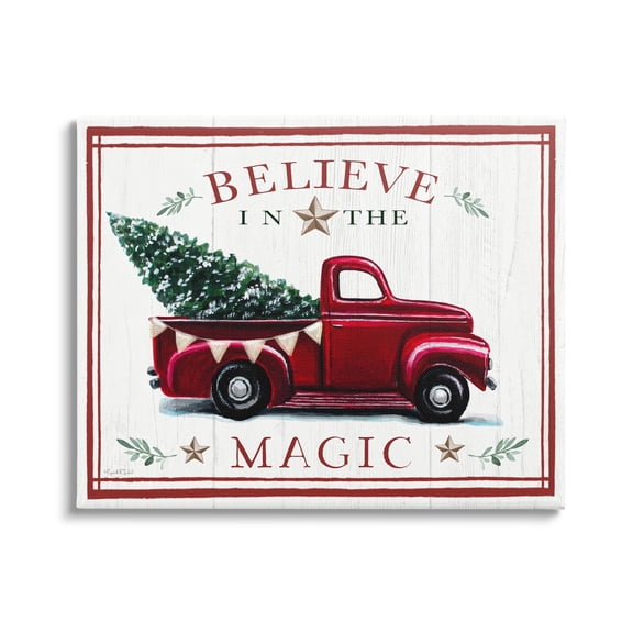 Believe In Magic Red Vintage Truck Country Holiday Tree Transportation Graphic Art Gallery-Wrapped Canvas Print Wall Art