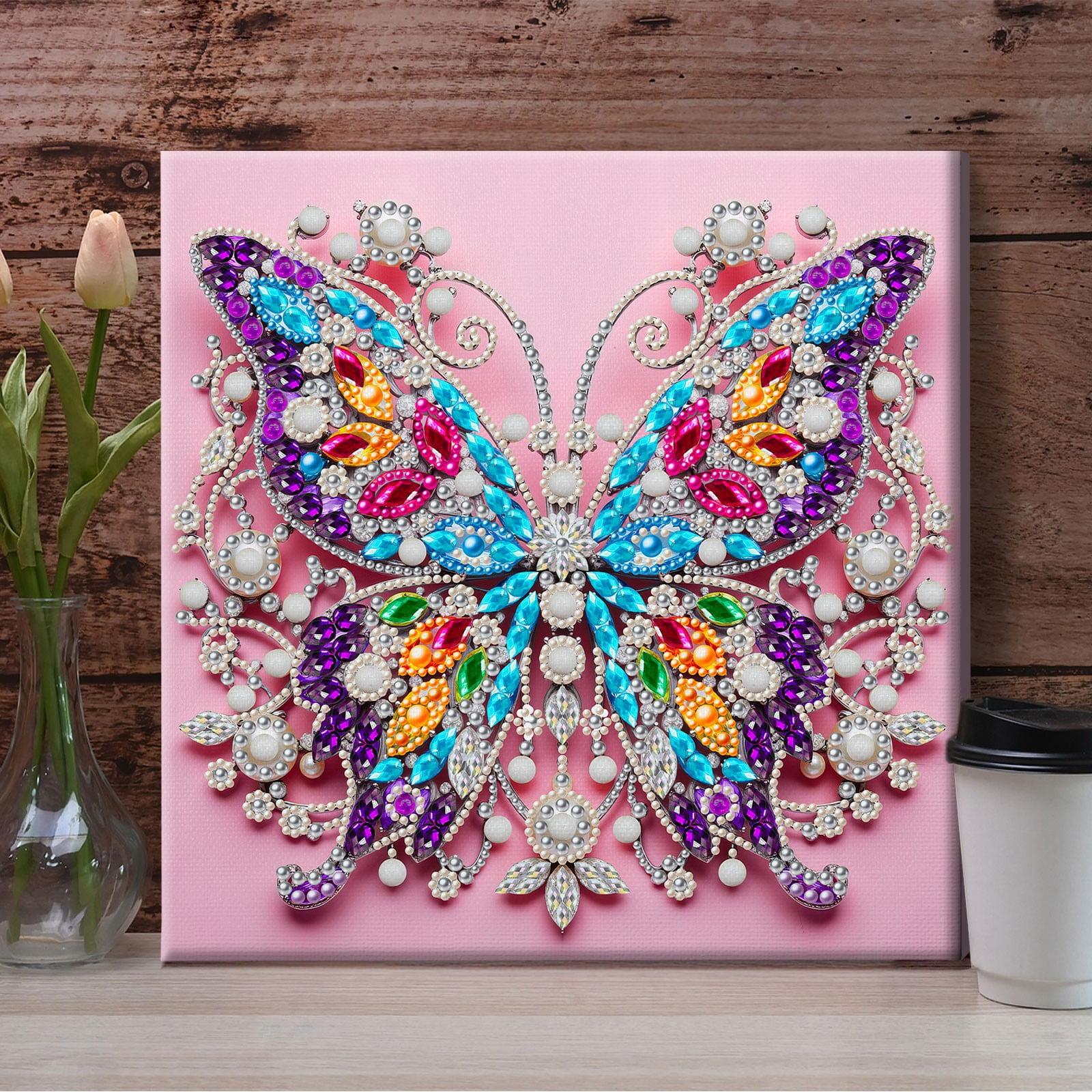 FLOPESN DIY Pearl Painting Kit with Wood Frame, 11.42x11.42 Inch Home Wall Art Decor, Mindful Adult Craft for Stress Relief and Relaxation-Butterfly-1