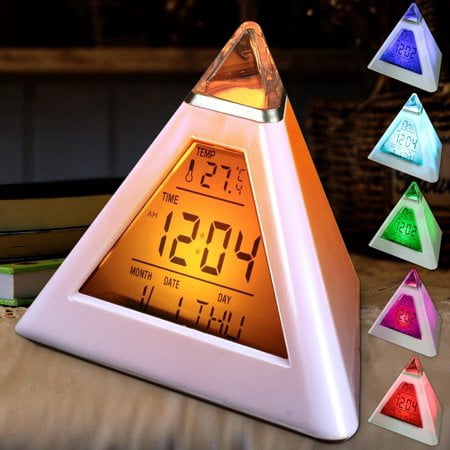 Led Table Alarm, Creative Pyramid Led Color Changing Natural Sound Desk Clock With Thermometer Calander Display For Kids Home
