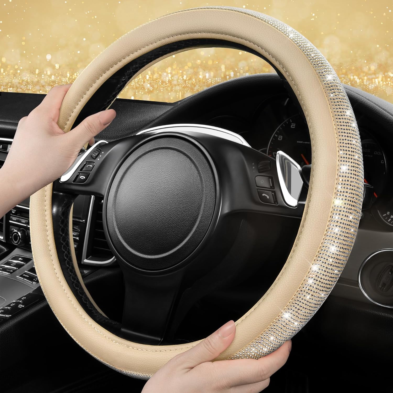 Bling Diamond Leather Steering Wheel Cover, with Sparkly Crystal Glitter Rhinestones Universal Fit 14"1/2-15" Car Wheel Protector for Women Fit Suvs, Vans, Sedans, Car, Trucks