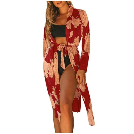 

Women Loose Casual Lightweight Kimono Cardigan Floral Printed Beach Long Sleeve Lacing Shawl Loose Cover Up Nightgown