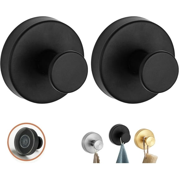 TIFOR No-Drill Hooks, 2024 Upgraded Suction Cup Hooks, Stainless Steel Waterproof Suction Cup Hooks for Shower, Bathroom, Hanging Towels, Mounting on Glass Shower Doors, Tile, Mirrors (Black*2)