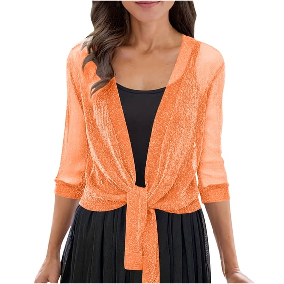 Women's Metallic Glitter Sheer Shrug - 3/4 Sleeve Tie Front Evening Wrap for Dresses, Lightweight Sparkling Bolero Beach Cover-Up