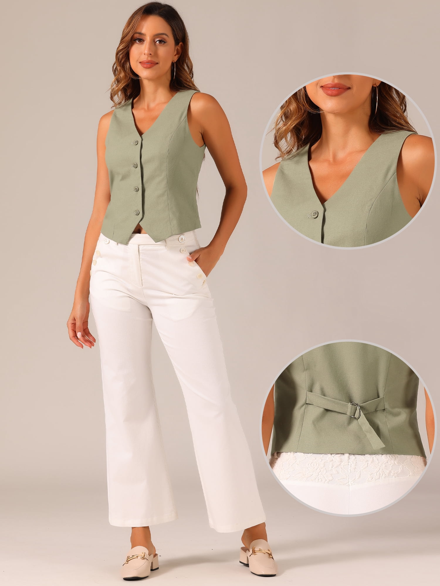 DARING DIVA Women's Button Down Sleeveless V Neck Crop Top Summer Vest XL Army Green