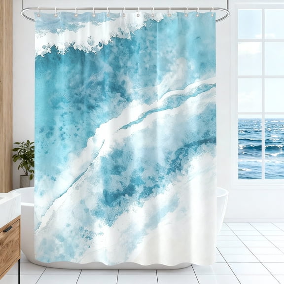 Annvchi Beach Shower Curtain, Teal Blue Coastal Ocean Beach Theme Bathroom Curtain Waterproof Fabric Machine Washable with Hooks,72" Wx72 L