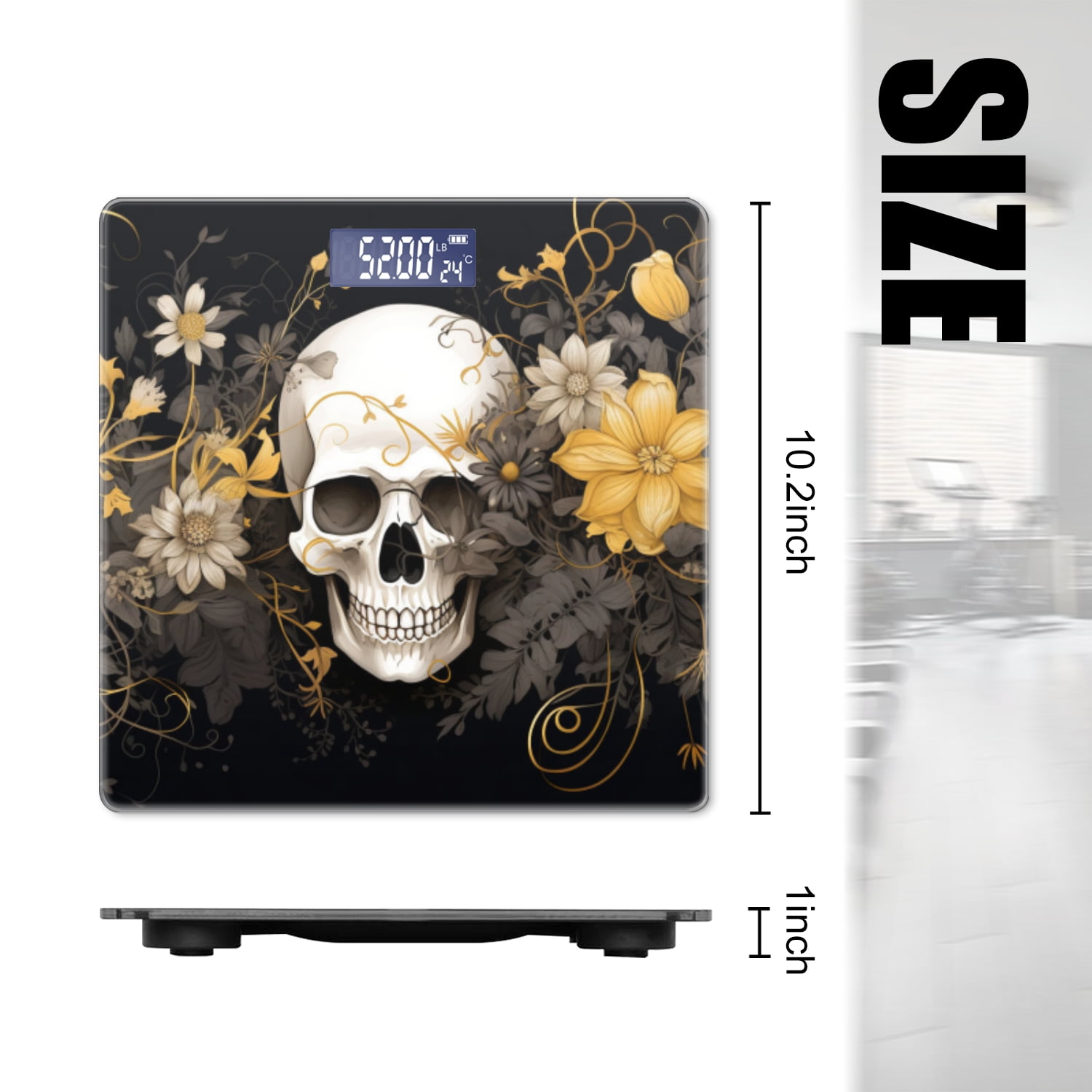 High Precision Body Weight Scale Smart Bathroom Scales with Large LCD Display(400lbs),Decorative for Bedroom-Skull Surrounded By Yellow And White Flowers