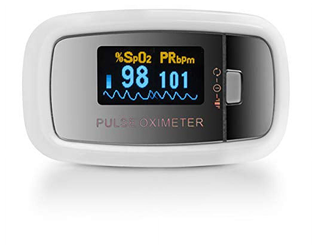 AccuMed CMS-50D1 Finger Pulse Oximeter Blood Oxygen Sensor SpO2 for Sports and Aviation. Portable and Lightweight with LED Display, 2 AAA Batteries, Lanyard and Travel Case (White)