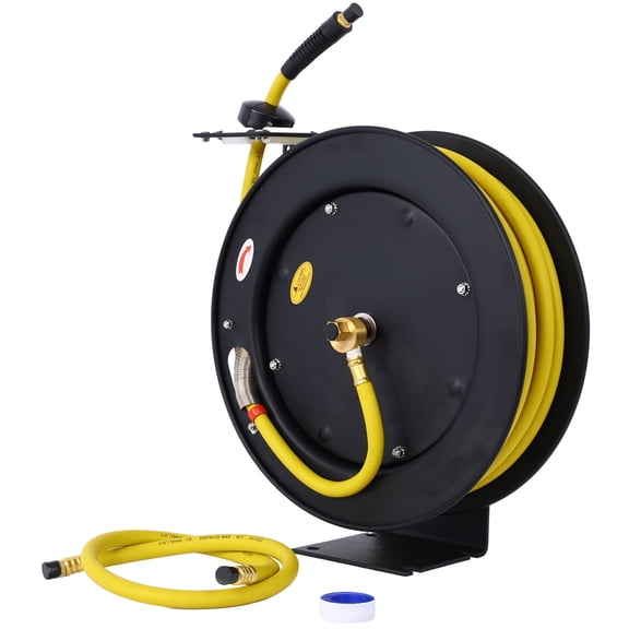 Air Hose Reel Retractable 3/8" Inch x 50' Foot SBR Rubber Hose Max 300PSI Heavy Duty Industrial Steel Single Arm Construction,