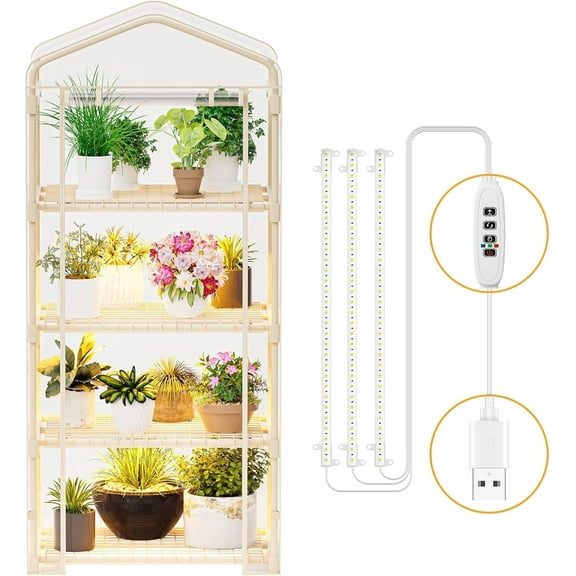 SPECILITE Indoor Greenhouse with Grow Lights, 4 Tiers 27.6"L×19.3"W×61.4"H Outdoor Mini Green House with Zip PVC Cover  and Dimmable 15W Plant Light with Timer for Seed Starting Trays