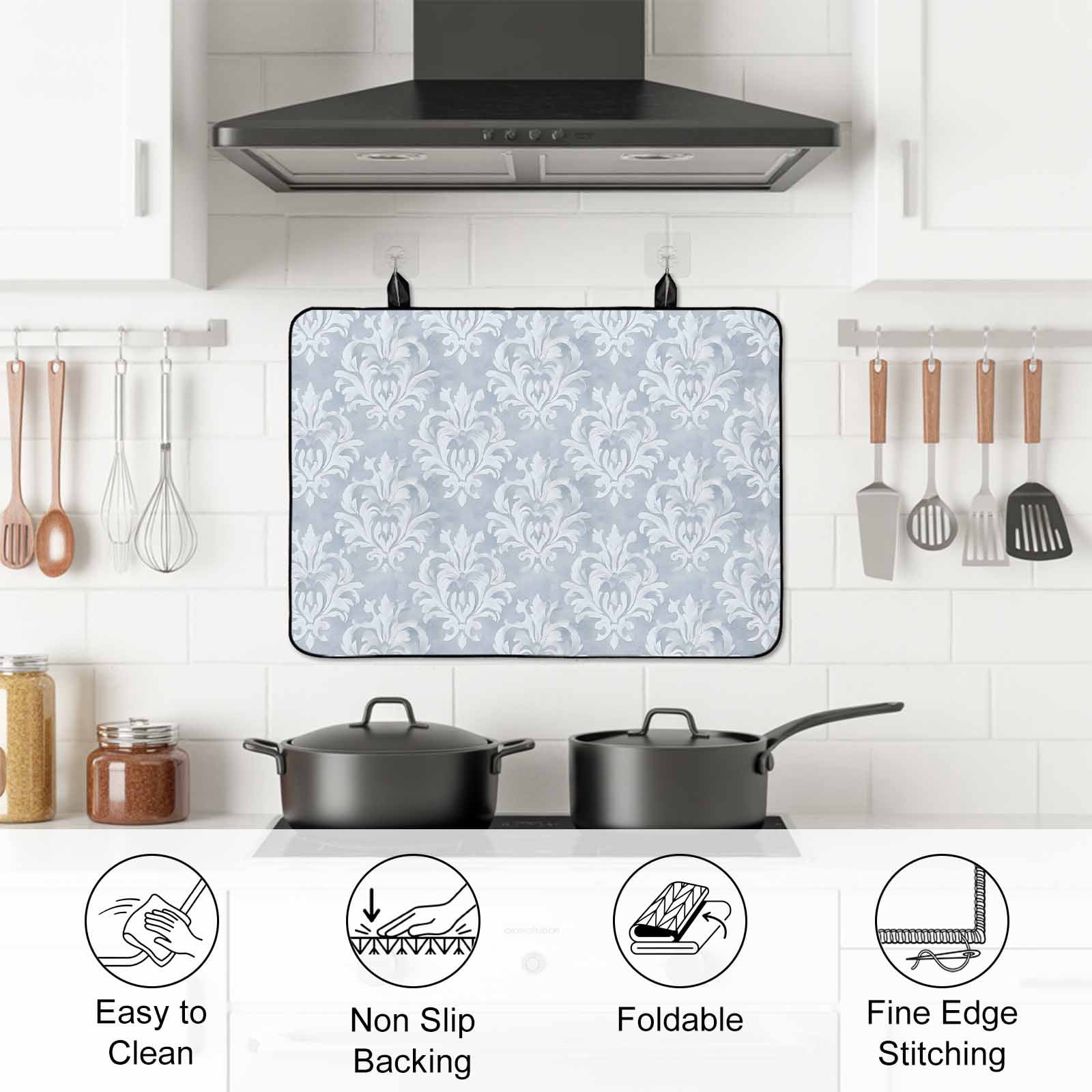 Haze Blue Boho Stove Top Cover for Electric Stove, Heat-proof & Non Slip Glass Top Stove Cover Protector, Neutral Middle Century Turkish Pattern Kitchen Flat Cooktop Rubber Mat 24x21 Inches