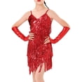 thumbnail image 1 of Kaerm Robe de Danse Ballet Salsa Tango Scintillante Dos Nu à Bretelles Spaghetti pour Filles avec 1 Paire de Gants Rouge P, 1 of 7