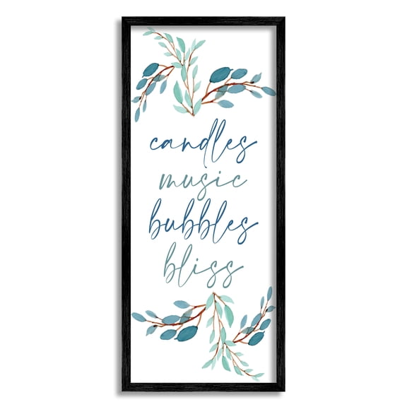 Stupell Industries Candles Music Bubbles Bliss Bathroom Relaxation Blue Plants Graphic Art Black Framed Art Print Wall Art, 13x30, by Kim Allen