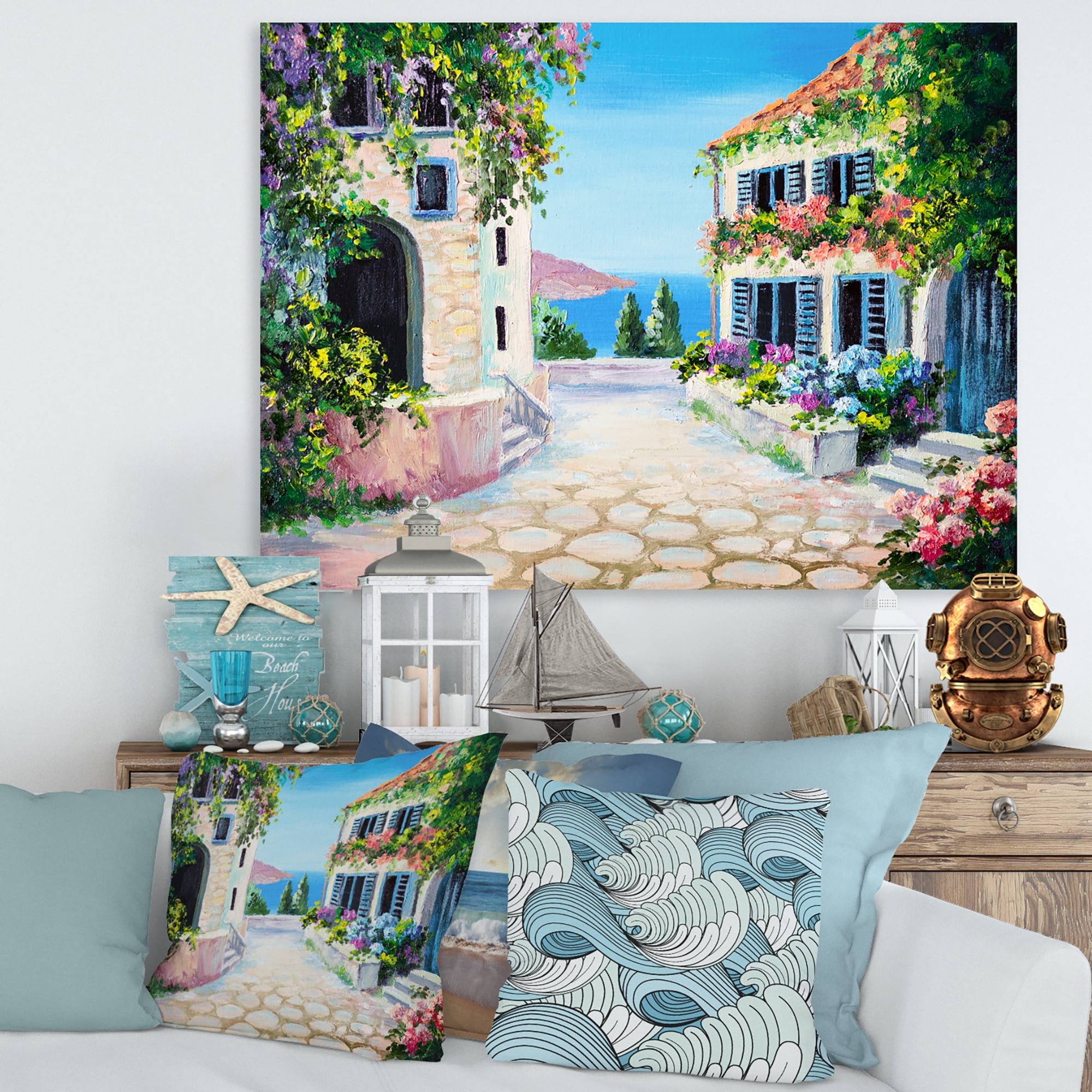 Designart ' Blossoming Flowers With White Houses With Near The Sea ' Nautical & Coastal Canvas Wall Art Print
