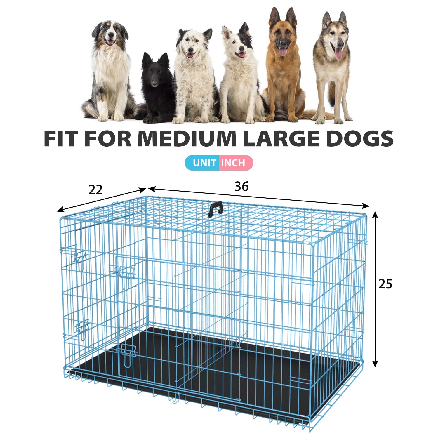 XF XINFENG 36 inch Dog Cage for Medium Breeds Folding Metal Wire Dog Crate with Double Door,Leakproof Tray for Indoor Outdoor ,Blue