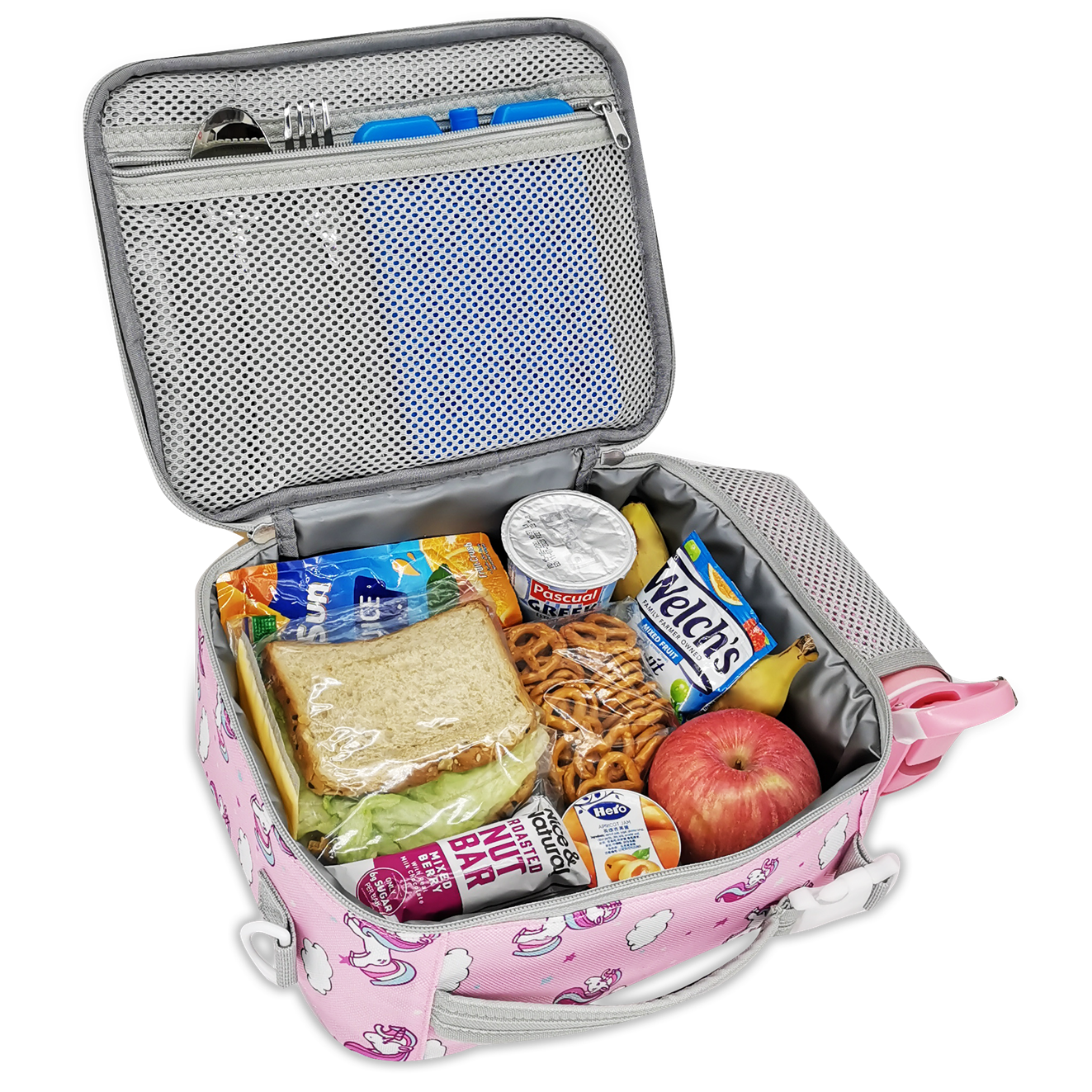 ComfiTime Lunch Bag for Kids – Insulated Lunch Box for Girls and Boys, Cute Reusable Cooler Bag with Zipper Pockets, Bottle Holder, Padded Handles and Shoulder Strap (Pink Unicorn)