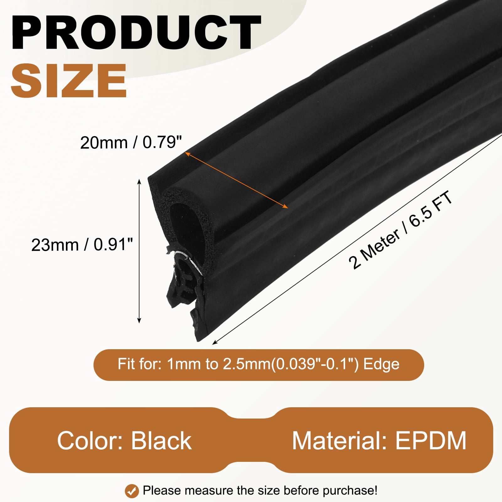 Door Weather Stripping 6.5FT, 20mm W x 23mm H EPDM Car Door Rubber Edge Trim Seal Strip Gasket with Top Bulb Fit 1mm to 2.5mm Edge for Electrical Cabinet Cars Boat RVs Truck, Black