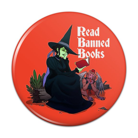 Read Banned Books Witch and Monkey Pinback Button Pin Badge - 3" Diameter