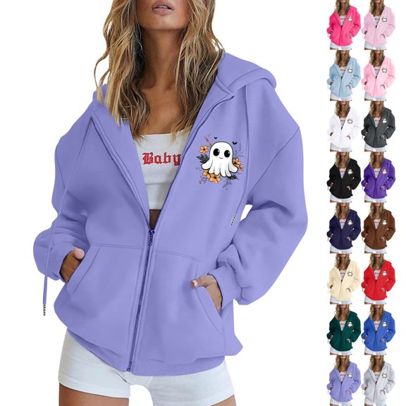 YVNAURA Women's Halloween Zip Up Sweatshirt Long Sleeve Full Zip Hoodie Cute Pumpkin Ghost Bat Print Oversized Sweatshirt with Pockets Loose Fit Fall Casual Spooky Top 1 Pack, Dark Purple,L