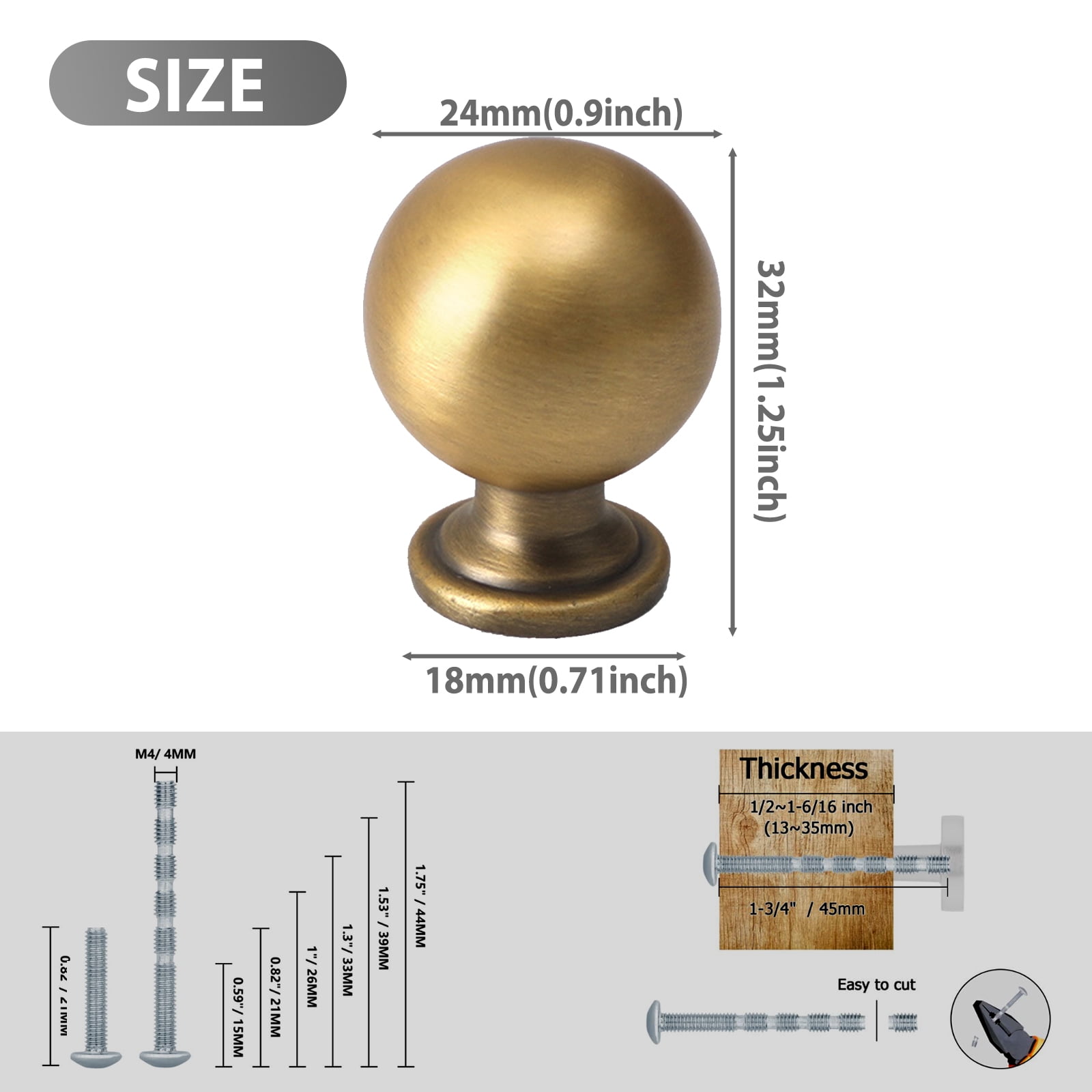 6 Pack Antique Brass Handles and Knobs Round Solid Vintage Antique Brass Finish Kitchen Cabinet Knobs,Ball Cabinet knobs