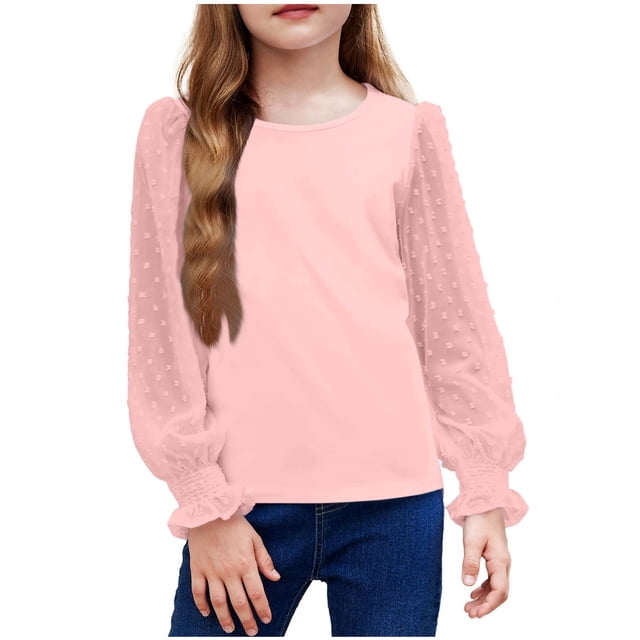 Penkiiy Chemises à Manches Longues Unies pour Filles Hauts Mignons Col Rond Blouses Décontractées Vêtements Col Rond 9 Ans Rose