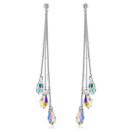 Savlano 14k White Gold Plated Aurora Borealis Drop Tear Cut Austrian Rainbow Multicolor Crystal Tear Drop Cut Stud Dangle Earrings For Women - Comes with Savlano Gift Box