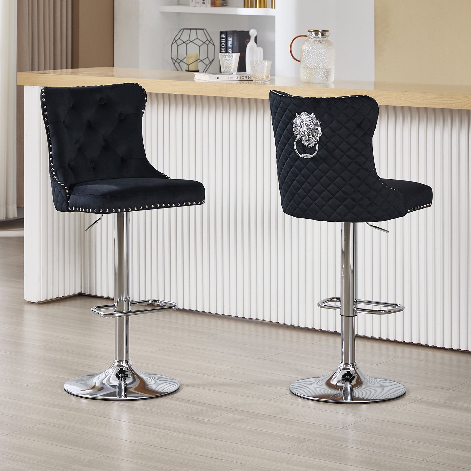 Velvet Bar Stools Sets of 2 Modern Counter Height Bar Stools with Lion Back, Nailhead Upholstered Barstools for Home Kitchen Island, Swivel Adjustable Stool Chair, Black