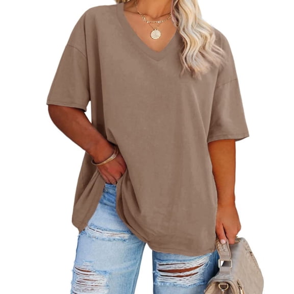 Women Summer Short Sleeved T Shirt Casual Loose V Neck T Shirt Solid Color Top