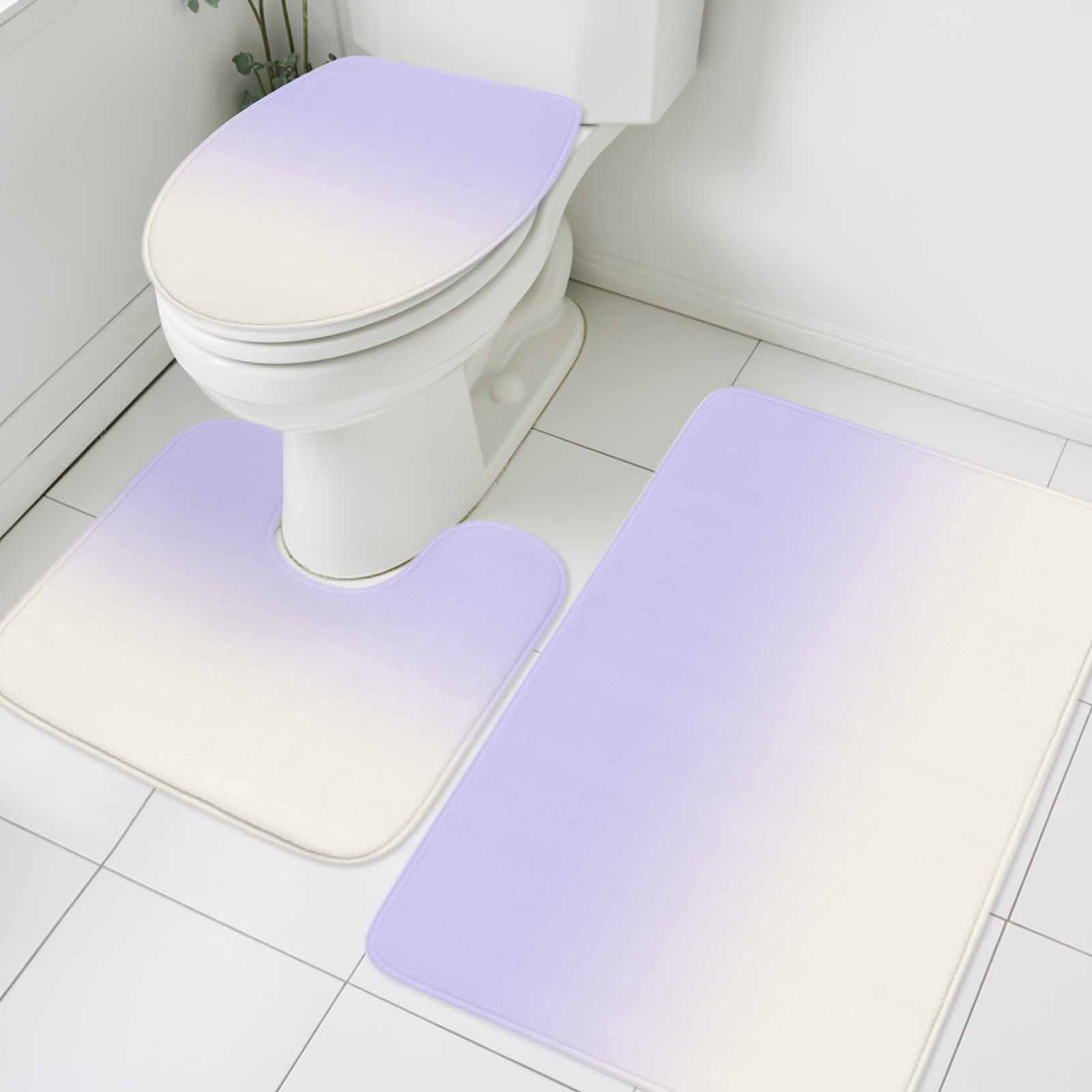 Ombre White Bath Mat 3 Piece Bathroom Rug Set, Romatic Purple Art Non Slip Bath Rug Contour Mat and Toilet Lid Cover, Absorbent Shower Mats Soft Bath Rugs and Mats Sets