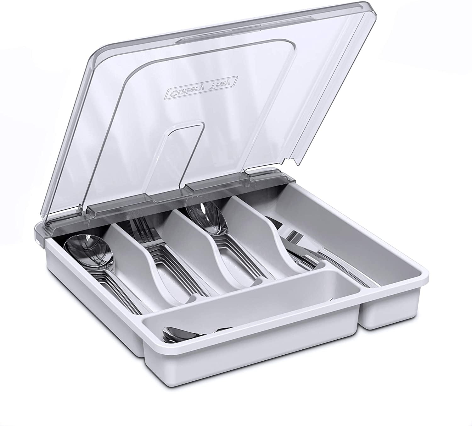 Flatware Plastic Tray With Lid,Kitchen Cutlery And Utensil Drawer Organiser Whit 