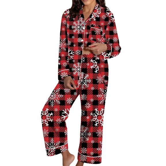 Christmas Pajamas Women's Two-Piece Christmas Pajamas Long Sleeve Button Shirt and Pants Set Home Clothes