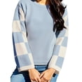 thumbnail image 3 of Womens Casual Checkered Color Block Sweaters Crew Neck Long Sleeve Cropped Knit Pullover Blue L, 3 of 9