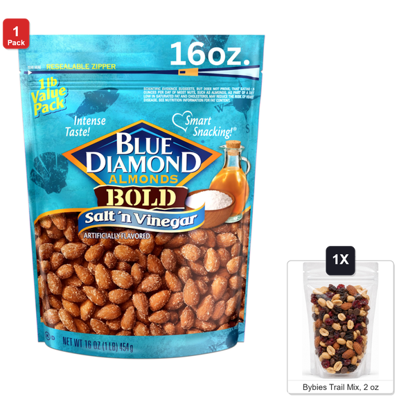 Blue Diamond Salt and Vinegar Almonds, 1 Bag, 16 oz, with Bybies Trail Mix, 2 oz