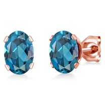 Gem Stone King 2.00 Ct Oval 7x5mm London Blue Topaz Brass Rose Gold Plated Brass Stud Earrings for Women Men