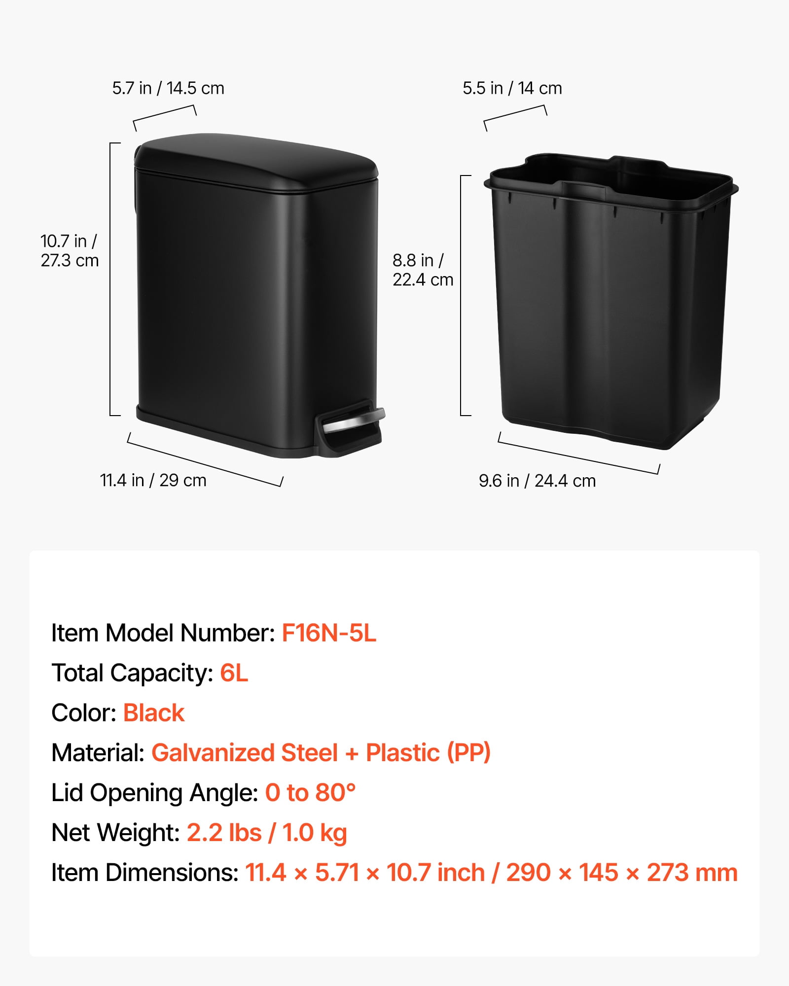 VEVOR Slim Bathroom Trash Can, 11.4 x 5.71 x 10.7 Inch Small Bedroom Trashcan with Step Pedal & Soft Close Lid, 6L Steel Garbage Can with Detachable Inner Bin, for Kitchen, Home, Dorm,Office,Black