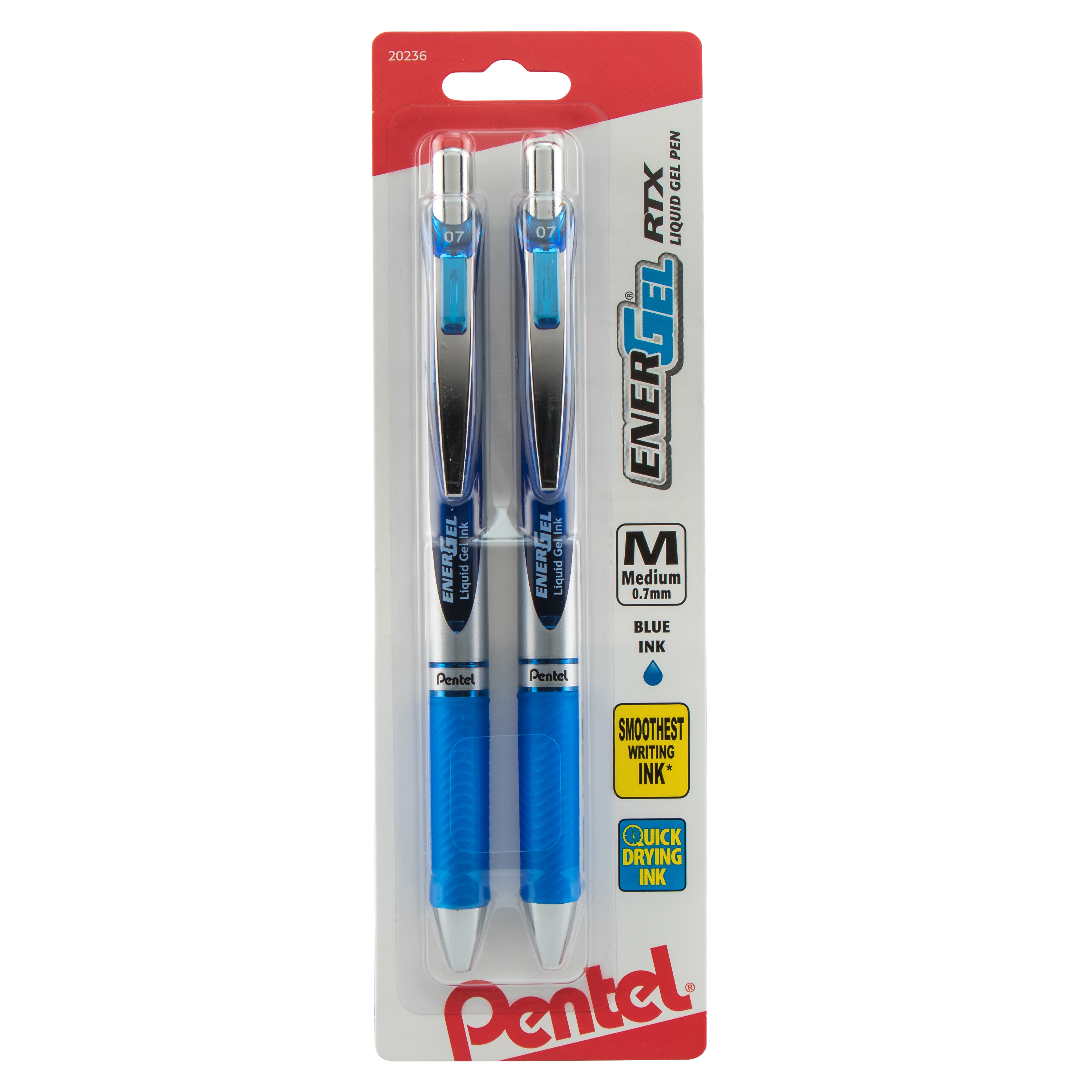 Pentel EnerGel RTX Retractable Liquid Gel Pen, (0.7mm) Metal Tip, Medium Line, Blue Ink, 2 Each, for Adults, Teens, Children and Seniors.