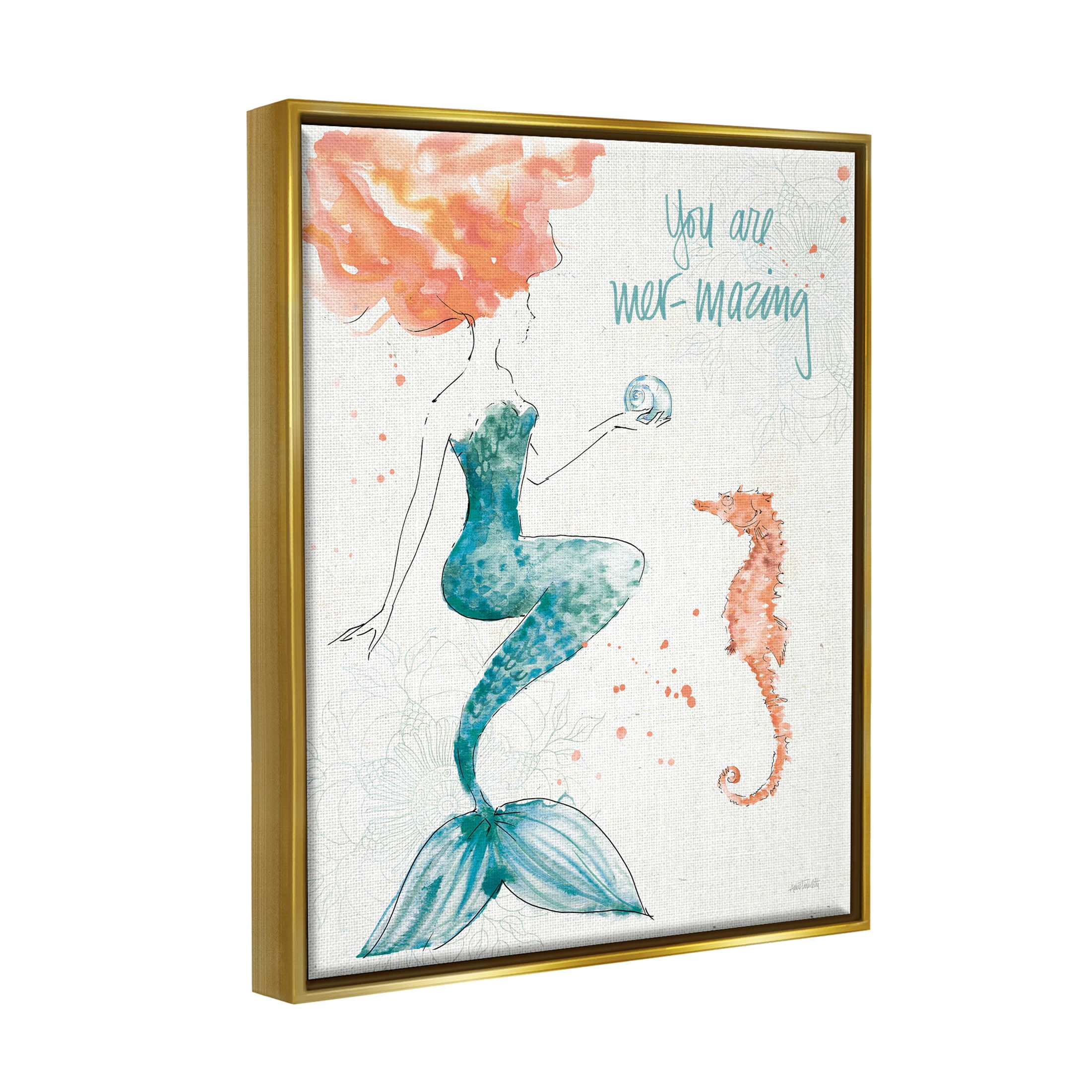 Stupell Industries Mer-Mazing Uplifting Mermaid Phrase Graphic Art Metallic Gold Floating Framed Canvas Print Wall Art, Design by Anne Tavoletti