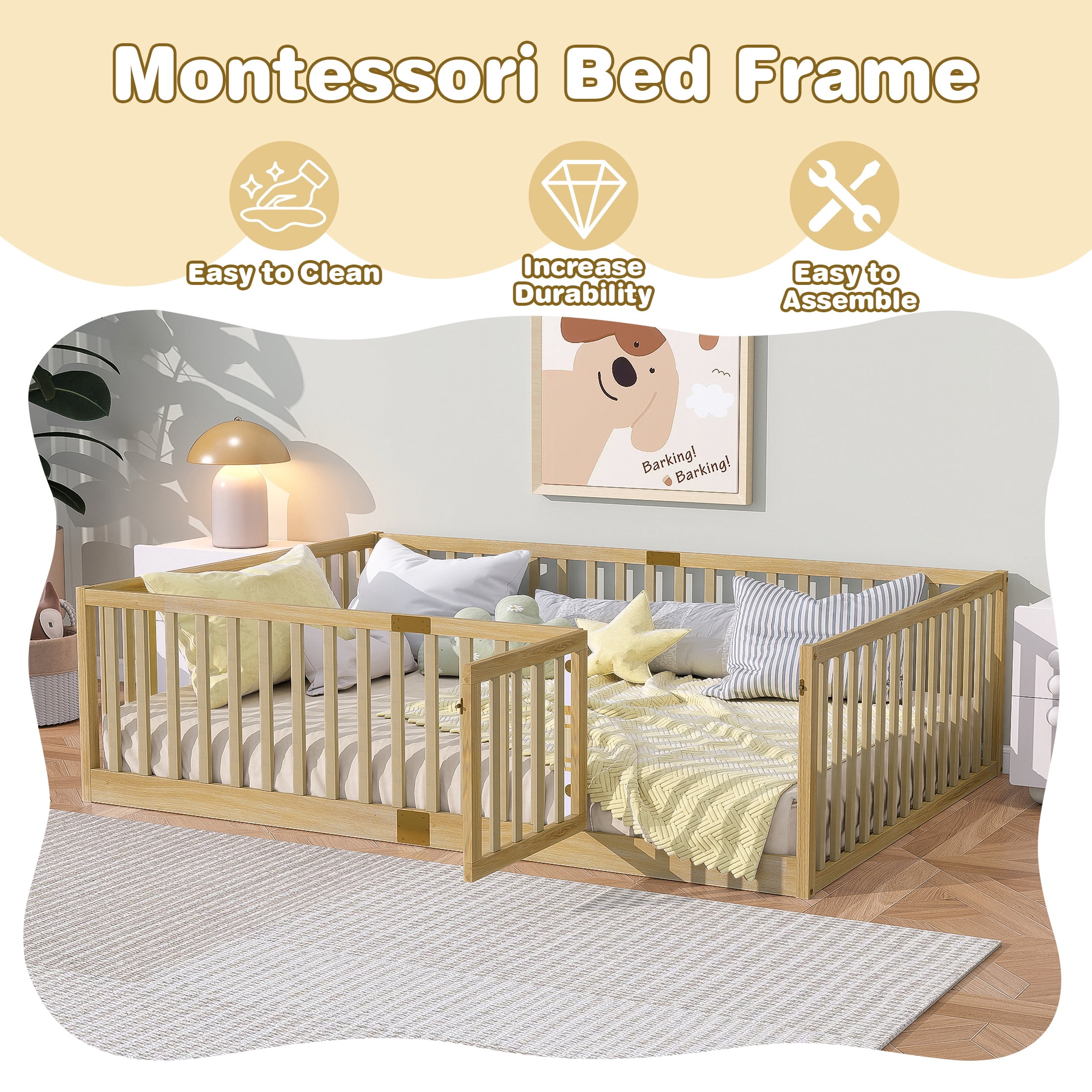 PORKISS Full Size Floor Bed with Door and Fence, Twin Size Bed Frame with Bed Slats, Sturdy Wood Floor Bed for Kids, Boys, Girls, Montessori Bed Frame, Natural
