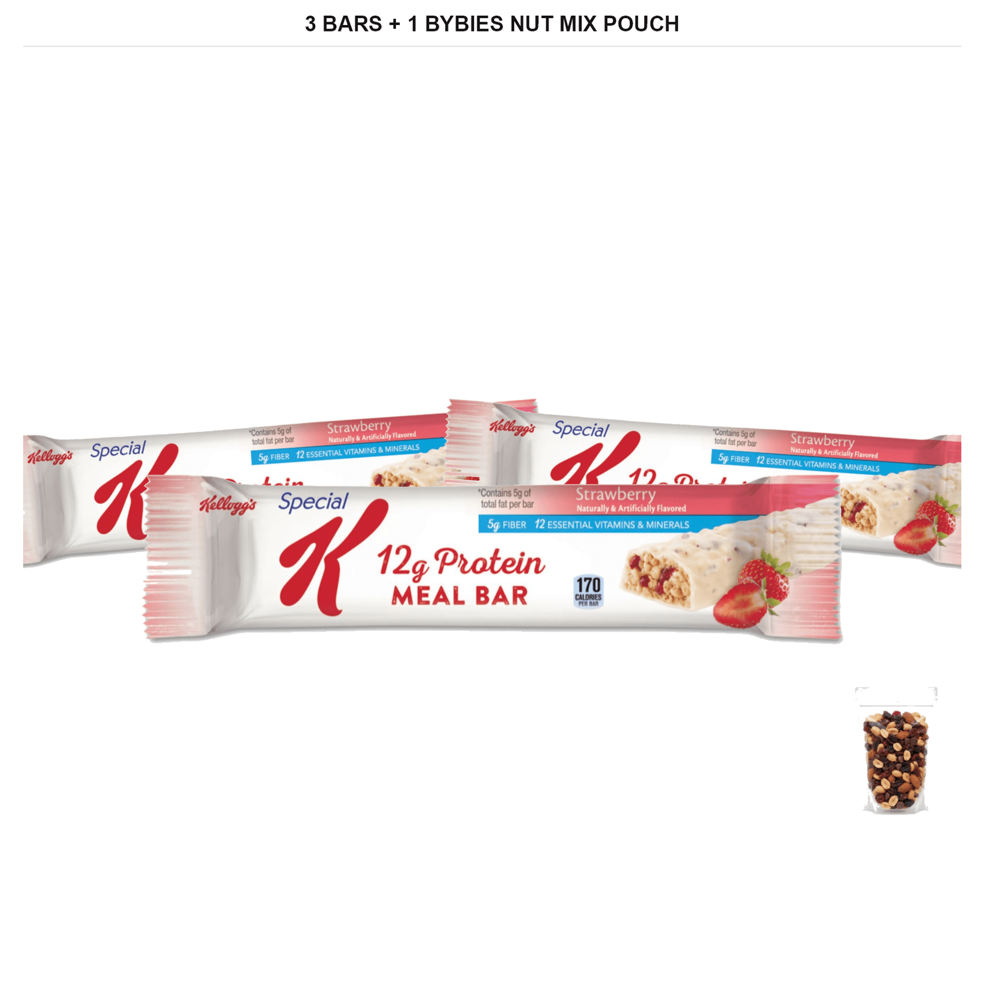 Kellogg's Special K Strawberry Protein Bar, 3 Bars x 1.59 oz + 1x Bybies Nut Mix Pouch, 2 oz