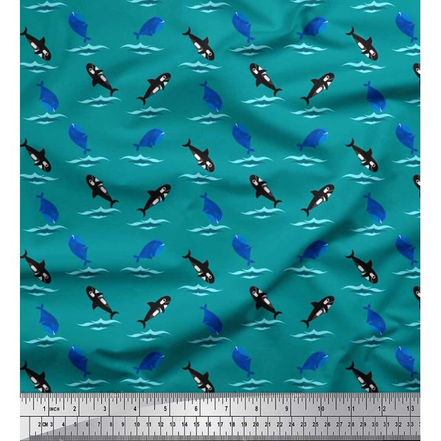 Soimoi Silk Fabric Waves,Whale & Dolphin Ocean Print Sewing Fabric Yard 42 Inch Wide