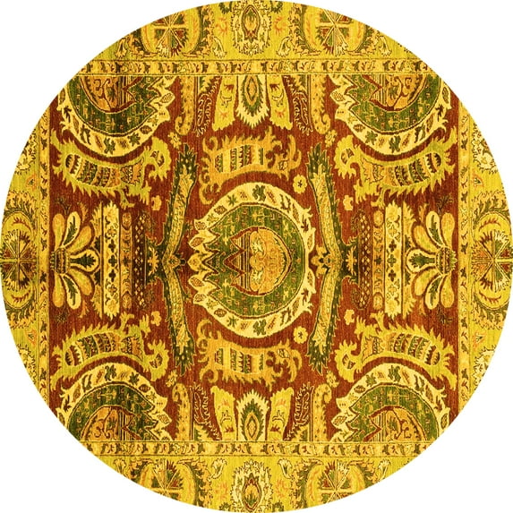 Ahgly Company Machine Washable Indoor Round Abstract Yellow Modern Area Rugs, 4' Round