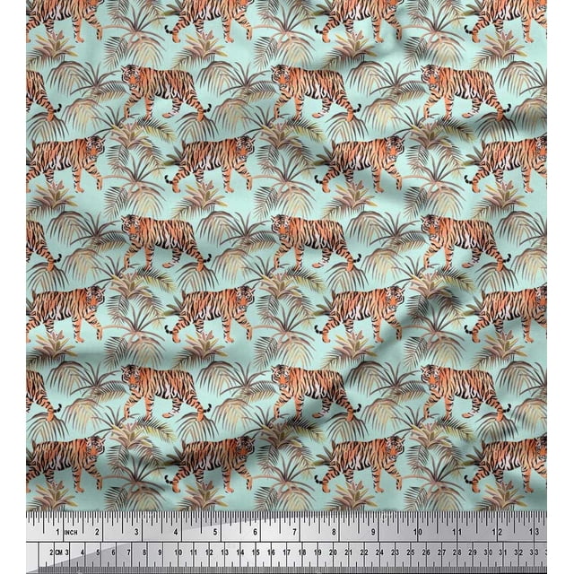Soimoi Poly Georgette Fabric Leaves & Tiger Jungle Print Fabric by The Yard 52 Inch Wide