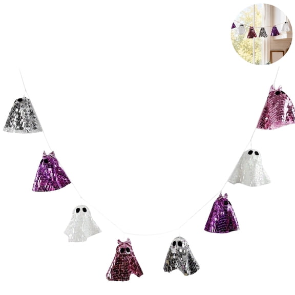 Shiny Sequin Ghost Garland Banner, Multi-Color Glitter Ghost Hanging Streamer, Spooky Cute Halloween Pull Flag Decorations for Home Window Mantel Haunted House Party Scene Layout Supplies