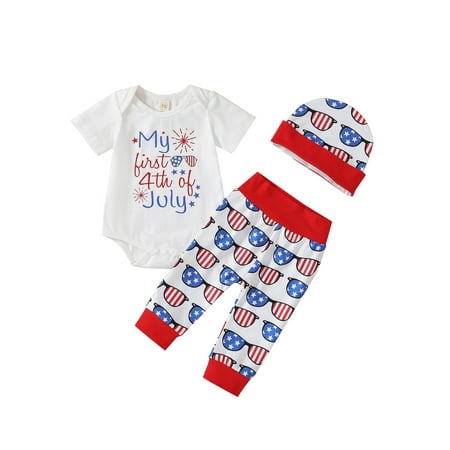 

Newborn Baby Boy Girl 4th of July Outfits Short Sleeve Romper +American Flag Long Pants Hat 3Pcs Set