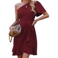 thumbnail image 4 of VISgogo Vestido de noche de verano para mujer Color sólido Un hombro Volantes Mini vestido de fiesta femenino VISgogo  moda, 4 of 9