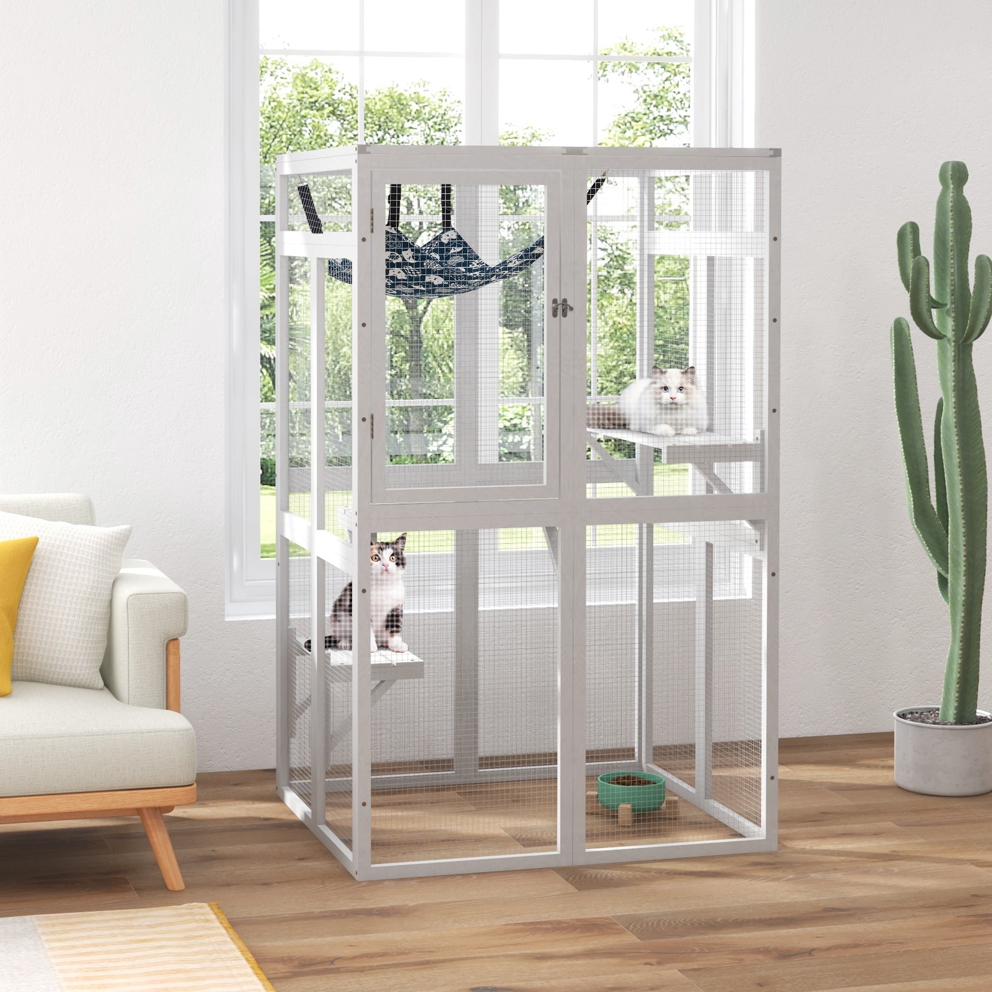 COZIWOW Catio Outdoor Cat Enclosure Window Access, Wooden Cat House Cage Indoor， White