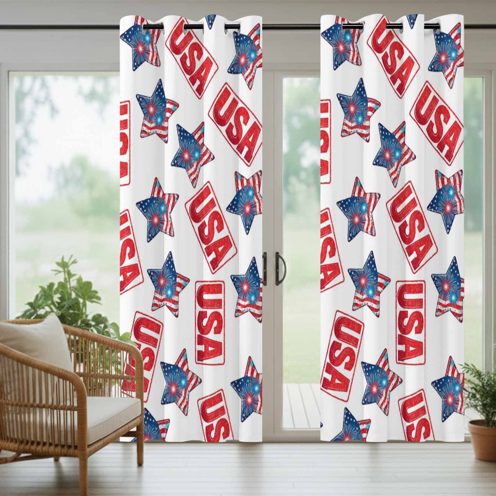 Independence Day Star Outdoor Curtains for Patio, Patriotic USA Flag Red Blue Star Fireworks Sunshade Privacy Drapes Grommet Waterproof Outside Curtains for Porch/Cabana/Balcony 54"x 108", 1 Panel