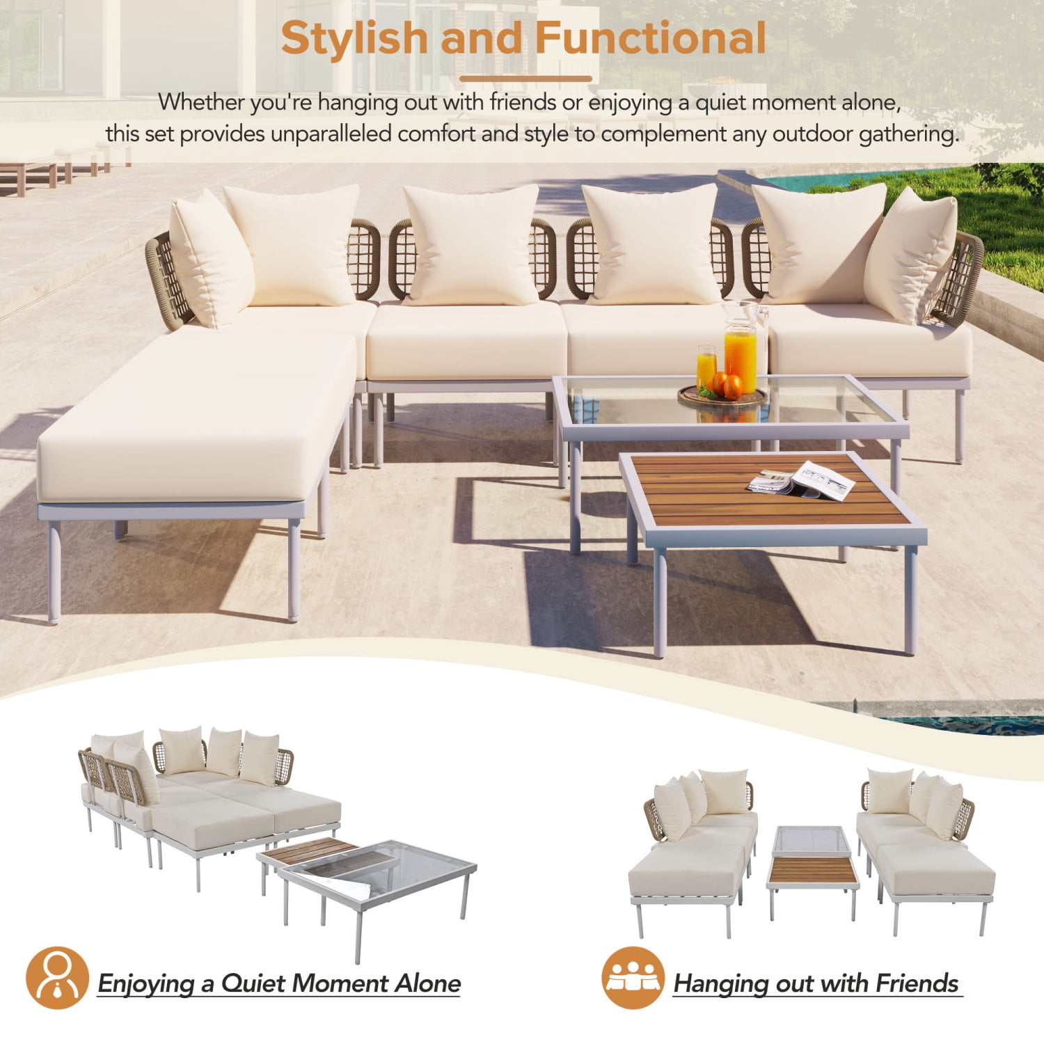Harper & Bright Designs Outdoor Metal Conversation Furniture Set, 8 Pieces Patio L Shaped Sectional Sofa Set with Glass Coffee Table and Wooden Coffee Table for Garden Backyard and Poolside, Beige